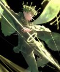  1boy black_background black_clover coat colored_eyelashes fairy_wings fur-trimmed_coat fur_trim green_eyes green_hair green_theme halo highres holding holding_polearm holding_weapon polearm sanii uniform weapon wings yuno_(black_clover) 