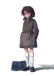  1girl absurdres bag black_footwear brown_coat brown_hair buttons coat double-breasted duffel_bag glasses hand_in_pocket highres kusiyan looking_at_viewer open_mouth red-framed_eyewear shadow socks solo touhou usami_sumireko white_background white_socks 