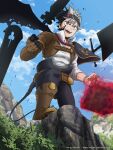  absurdres asta_(black_clover) black_capelet black_clover book capelet demon_horns demon_tail facial_mark green_eyes grey_hair grimoire heterochromia highres horns multicolored_hair multiple_swords red_eyes shirt shyroceruss sword tail weapon white_shirt 