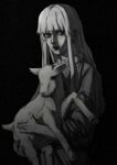  1306401359 1boy absurdres animal behelit berserk closed_mouth commentary commentary_request contemporary greyscale griffith_(berserk) highres holding holding_animal jewelry lamb long_hair looking_at_viewer male_focus monochrome necklace sheep solo wavy_hair white_hair 