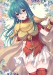  1girl :d aqua_eyes aqua_hair armor awayuki_ramika bangs blush breastplate cape commentary_request crossed_bangs dress eirika_(fire_emblem) fire_emblem fire_emblem:_the_sacred_stones floral_background gauntlets highres long_hair looking_at_viewer red_dress red_thighhighs shoulder_armor sidelocks skirt smile solo standing thigh-highs white_skirt 