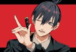  1boy bangs black_hair chainsaw_man ear_piercing formal fox_shadow_puppet hair_between_eyes hand_gesture hayakawa_aki highres katana letterboxed looking_at_viewer looking_to_the_side male_focus necktie one_eye_closed piercing red_background short_hair simple_background solo suit sword topknot wata_i weapon 