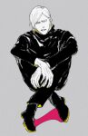  1boy aged_down crossed_legs full_body grey_background jujutsu_kaisen long_sleeves looking_at_viewer male_focus mineco000 nanami_kento parted_lips school_uniform shoes short_hair sitting solo 