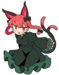  1girl :3 :d animal_ears bangs black_bow blush bow braid breasts cat_ears cropped_legs dress extra_ears green_dress hair_bow hair_ribbon highres ini_(inunabe00) kaenbyou_rin large_breasts leaning_forward long_sleeves looking_at_viewer multiple_tails nekomata red_eyes redhead ribbon simple_background smile solo tail touhou tress_ribbon twin_braids two_tails white_background 