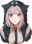  1girl animal_ears backpack bag bangs black_jacket breasts collared_shirt cropped_torso danganronpa_(series) danganronpa_2:_goodbye_despair dress_shirt fake_animal_ears galaga grey_background hair_ornament highres hood hood_up jacket large_breasts light_brown_hair medium_hair nanami_chiaki neck_ribbon open_clothes open_jacket parted_lips pink_hair pink_ribbon ribbon ru-pe_(gstm_0915) shiny shiny_hair shirt simple_background solo teeth two-tone_shirt white_shirt 