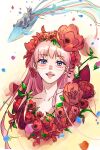  1girl bangs belle_(ryuu_to_sobakasu_no_hime) blue_eyes collarbone facial_mark flower head_wreath highres leaf lips long_hair looking_at_viewer mismatched_eyebrows open_mouth petals pink_hair red_flower red_lips ryuu_to_sobakasu_no_hime teeth upper_body whale yokoi_aya 
