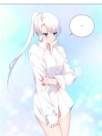  ... 1girl blue_eyes blush breasts embarrassed long_hair mk-li_zhiheng my_girl_is_a_dragon naked_shirt non-web_source ponytail reese_(my_girl_is_a_dragon) shirt small_breasts white_hair 