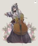  1girl absurdres artist_logo bangs black_bow bow bow_(music) bowtie cello closed_mouth commentary dated_commentary dress english_commentary fingernails flower full_body grey_background grey_dress grey_hair hair_bow highres holding_bow_(music) instrument juliet_sleeves jung_wonjo long_hair long_sleeves looking_at_object looking_down music original pink_flower playing_instrument puffy_sleeves signature simple_background sitting solo waist_bow white_flower 