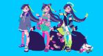  3girls belt black_hair blue_background bow decora dress earrings full_body green_dress grey_hoodie hai!_hai!_hai!_hai!_hai!_hai!_(vocaloid) headphones headphones_around_neck highres hood hoodie jewelry long_hair looking_at_viewer multiple_earrings multiple_girls official_art pink_belt pink_bow ponsuke_kaikai simple_background sleeveless sleeveless_dress standing variations very_long_hair 