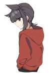 1girl alternate_costume brown_hair from_behind green_eyes hair_horns hands_in_pockets hatsuzuki_(kancolle) highres hood hood_down hoodie kantai_collection looking_at_viewer looking_back red_hoodie sayuwan short_hair simple_background solo white_background 