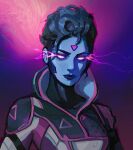  1girl absurdres apex_legends black_bodysuit blue_hair blue_skin bodysuit colored_skin english_commentary eye_trail glowing glowing_eyes hair_behind_ear highres jacket light_trail looking_to_the_side neon_spectre_wraith official_alternate_costume peter_chai portrait purple_background solo updo violet_eyes white_jacket wraith_(apex_legends) 