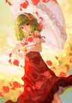  1girl adapted_costume artist_name dress feet_out_of_frame flower green_hair hair_between_eyes hair_flower hair_ornament hairband highres holding holding_umbrella ichita_(yixisama-shihaohaizhi) kazami_yuuka looking_at_viewer parasol red_dress red_eyes red_hairband short_hair short_sleeves sketch solo sunflower sunflower_hair_ornament touhou umbrella yellow_flower 