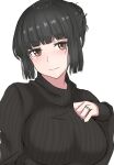  1girl bangs black_hair black_sweater blunt_bangs breasts brown_eyes closed_mouth commentary_request hair_bun hand_up highres jewelry ken_(shutenndouji1) large_breasts light_smile long_sleeves looking_at_viewer original ribbed_sweater ring short_eyebrows simple_background sleeves_past_wrists solo sweater thick_eyebrows turtleneck turtleneck_sweater wedding_ring white_background 