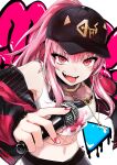  1girl baseball_cap black_headwear breasts crop_top earrings hat highres holding holding_microphone hololive hololive_english jacket jewelry medium_breasts microphone midriff mori_calliope navel necklace nez_n official_alternate_costume official_alternate_hairstyle open_clothes open_jacket open_mouth pink_eyes pink_hair ponytail red_eyes red_jacket see-through_cleavage solo tank_top tongue tongue_out virtual_youtuber white_tank_top 