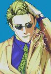  1boy animal_print blonde_hair blue_background blue_shirt formal goggles hand_on_own_head highres jujutsu_kaisen leopard_print long_sleeves looking_at_viewer male_focus mineco000 nanami_kento necktie shirt short_hair solo suit 