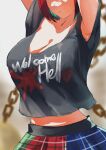  1girl armpit_peek blurry blurry_background blush breast_focus breasts head_out_of_frame hecatia_lapislazuli highres huge_breasts large_breasts loose_clothes loose_shirt redhead shirt solo teruteru12 touhou 