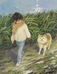  1girl black_hair dog grass original outdoors pants shiba_inu sweater walking winter yeyuan33 