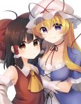  2girls ascot bare_shoulders blonde_hair bow brown_eyes brown_hair choker collared_vest commentary_request detached_sleeves dress elbow_gloves frilled_bow frilled_dress frilled_hair_tubes frills gloves hair_bow hair_tubes hakurei_reimu hat hat_ribbon long_hair long_sleeves mob_cap multiple_girls nontraditional_miko purple_dress red_bow red_ribbon red_vest ribbon ribbon_choker sen1986 short_sleeves sidelocks touhou vest violet_eyes white_gloves white_headwear white_sleeves wide_sleeves yakumo_yukari yellow_ascot 