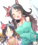  +_+ 2girls alternate_costume alternate_hairstyle black_hair blush breasts casual collarbone hair_ornament hekahire_isurus highres horse_girl jewelry large_breasts long_hair marvelous_sunday_(umamusume) mother_and_daughter multiple_girls necklace open_mouth umamusume white_background 