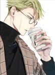  1boy absurdres black_sweater blonde_hair blue_eyes coffee cup disposable_cup drinking glasses highres holding holding_cup jacket jujutsu_kaisen lips long_sleeves male_focus mamita nanami_kento parted_lips plaid plaid_jacket solo sweater upper_body white_background 