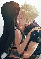  1boy 1girl absurdres armor bare_arms bare_shoulders black_hair blonde_hair blush brown_hair closed_eyes cloud_strife couple earrings final_fantasy final_fantasy_vii final_fantasy_vii_remake highres hug jewelry kiss kissing_forehead long_hair maiii_(smaii_i) shoulder_armor spiky_hair sweater tank_top tifa_lockhart turtleneck turtleneck_sweater upper_body white_tank_top 