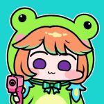  1girl :3 aiming_at_viewer animal_costume blue_background blush_stickers bow chibi commentary frog_costume green_bow gun holding holding_gun holding_weapon hololive hololive_english jazz_jack lowres orange_hair simple_background solo symbol-only_commentary takanashi_kiara violet_eyes virtual_youtuber weapon 