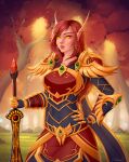 1girl armor blood_elf_(warcraft) breastplate elf forest glowing glowing_eyes holding long_hair long_pointy_ears nature paladin_(warcraft) pointy_ears red_armor redhead shoulder_armor sienna_artwork tree warcraft weapon world_of_warcraft yellow_eyes 