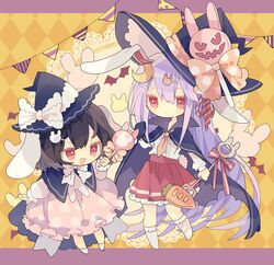  2girls animal_ears argyle argyle_background black_cape black_hair black_headwear blush cape closed_mouth dress frilled_dress frills hair_between_eyes halloween halloween_costume hat highres holding inaba_tewi kneehighs light_purple_hair long_hair multiple_girls nikorashi-ka open_mouth pink_dress polka_dot polka_dot_dress rabbit_ears rabbit_tail red_eyes red_skirt reisen_udongein_inaba shirt short_hair skirt smile socks tail touhou white_shirt white_socks witch_hat 