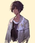  1boy arknights black_shirt brown_hair closed_mouth collarbone cropped_torso dark-skinned_male dark_skin jacket jewelry long_hair male_focus open_clothes open_jacket pendant shiny shiny_hair shirt short_hair simple_background sketch takenoko_(531) thorns_(arknights) white_background white_jacket yellow_eyes 