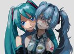  2girls aqua_hair arm_tattoo bangs blue_eyes blue_hair blue_necktie blue_shirt cheek-to-cheek collarbone collared_shirt commentary detached_sleeves dual_persona grey_shirt hair_intakes half-closed_eyes hatsune_miku heads_together highres long_hair looking_at_viewer multiple_girls necktie number_tattoo portrait shirt simple_background sleeveless sleeveless_shirt smile tada_(anuanu134) tattoo twintails vocaloid white_background 