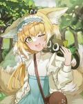  1girl ;d absurdres animal_ears arknights bag bangs black_cat blonde_hair blue_hairband blue_skirt cat commentary_request crossover day fox_ears fox_girl fox_tail frilled_hairband frills green_eyes hairband hand_up heixiu high-waist_skirt highres jacket kitsune long_hair long_sleeves luoxiaohei multicolored_hair on_head one_eye_closed open_clothes open_jacket outdoors pota_douzhi puffy_long_sleeves puffy_sleeves shirt shoulder_bag skirt smile suzuran_(arknights) suzuran_(spring_praise)_(arknights) tail the_legend_of_luo_xiaohei tree two-tone_hair very_long_hair white_hair white_jacket white_shirt 