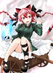  1girl :d animal_ears ashigaruk ball bow braid cat_ears hair_bow hand_up highres hitodama kaenbyou_rin looking_at_viewer open_mouth red_nails redhead skull smile solo touhou twin_braids wheelbarrow 