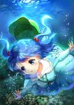  1girl air_bubble blue_dress blue_eyes blue_hair bubble dress hair_ornament hat hat_removed headwear_removed highres kawashiro_nitori mikan_(user_zsyg8485) open_mouth short_hair solo swimming touhou underwater 