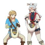  1boy 1girl blue_eyes chainsaw_man elf facial_mark fingerless_gloves gloves grey_hair link long_hair monbetsu_kuniharu parody paya_(zelda) pointy_ears polishing ponytail red_eyes the_big_lebowski the_legend_of_zelda the_legend_of_zelda:_breath_of_the_wild white_background 