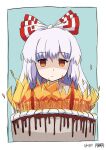  1girl absurdres birthday birthday_cake blue_background border burning cake dated food fujiwara_no_mokou hair_ornament highres hiwano long_hair melting sad solo touhou white_border white_hair 