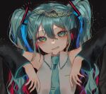  1girl arms_up bangs black_background black_sleeves collared_shirt commentary_request detached_sleeves green_eyes green_hair green_necktie grey_shirt hair_between_eyes hair_ornament hatsune_miku headset highres long_hair looking_at_viewer miku_day necktie parted_lips shirt simple_background sleeveless sleeveless_shirt smirk solo tiara tie_clip twintails upper_body vocaloid vptku 
