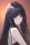  1girl bare_shoulders black_dress black_eyes black_hair dress gradient gradient_background kawakami_tomie long_hair mole mole_under_eye orange_background parted_lips profile shanguier sleeveless sleeveless_dress smile solo spaghetti_strap tomie 