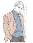  1boy black_pants blue_sweater brown_jacket hands_in_pockets highres jacket jujutsu_kaisen lips long_sleeves male_focus mineco000 nanami_kento pants parted_lips short_hair solo standing sunglasses sweater upper_body 