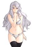  1girl absurdres blush breasts deirdre_(fire_emblem) fire_emblem fire_emblem:_genealogy_of_the_holy_war highres light_purple_hair long_hair looking_at_viewer navel purple_hair simple_background smile solo thigh-highs tridisart underwear violet_eyes 