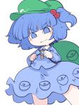  1girl backpack bag blue_eyes blue_hair blue_shirt blue_skirt flat_cap fried_rice0614 green_headwear hair_bobbles hair_ornament hat highres kawashiro_nitori key long_sleeves one-hour_drawing_challenge shirt short_hair short_twintails simple_background skirt solo touhou twintails white_background 