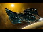  3d artist_name autodesk_3ds_max_(medium) commentary cruiser_(eve_online) dust dust_cloud energy eve_online flying from_side gallente_federation_(eve_online) glowing krats machinery no_humans outdoors photoshop_(medium) planet science_fiction space spacecraft star_(symbol) thrusters vehicle_focus 