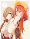  1boy 1girl ? bangs blue_eyes blush breasts brown_hair casual green_eyes hair_ornament hair_over_one_eye highres large_breasts long_hair looking_at_another low_ponytail luke_fon_fabre redhead tales_of_(series) tales_of_the_abyss tear_grants upper_body yellow_headwear yutohiroya 