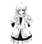  1girl arm_warmers bangs commentary_request cowboy_shot dress flat_chest greyscale looking_at_viewer mizuhashi_parsee monochrome open_mouth pointy_ears sasaae_(artist) sash scarf shirt short_hair short_sleeves simple_background smile solo touhou 
