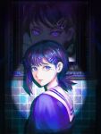  1girl bangs blue_shirt chainsaw_man closed_mouth commentary hair_ornament hairclip higashiyama_kobeni highres kozzz_y light looking_at_viewer looking_to_the_side mole mole_under_eye multiple_moles picture_frame ponytail portrait_(object) purple_hair ringed_eyes sailor_collar shirt short_hair short_ponytail solo symbol-only_commentary tile_wall tiles upper_body violet_eyes white_sailor_collar 