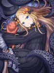 1girl abigail_williams_(fate) admjgdme black_dress blonde_hair blue_eyes bow dress fate/grand_order fate_(series) hair_bow highres long_hair lying on_side sleeves_past_fingers sleeves_past_wrists smile stuffed_animal stuffed_toy teddy_bear tentacles 