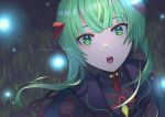  1girl chest_jewel fireflies glowing grass green_eyes green_hair highres ino_(xenoblade) looking_up open_mouth twitter_username xenoblade_chronicles_(series) xenoblade_chronicles_3 yanagimachi 
