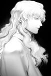  1boy absurdres androgynous artist_name berserk black_background buzz_(bc_1000000) closed_mouth greyscale griffith_(berserk) highres long_hair male_focus monochrome simple_background solo solo_focus wavy_hair white_hair 
