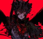  1boy asta_(black_clover) black_capelet black_clover black_hair capelet demon_horns demon_wings highres holding holding_sword holding_weapon horns katana poonwip red_eyes solo sword torn_clothes weapon wings 