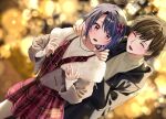  1boy 1girl akira_(jitsuimo) bangs black_coat blue_hair blurry blurry_background blush bow brown_hair chigusa_minori closed_eyes coat dress dutch_angle fur-trimmed_jacket fur_trim hair_bow highres jacket jewelry jitsu_wa_imouto_deshita. necklace open_clothes open_coat open_jacket open_mouth outdoors plaid plaid_dress red_bow red_dress short_hair 