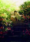  1girl barefoot black_hair blue_eyes bush day dress flower head_rest highres long_sleeves looking_at_viewer medium_hair original outdoors plant potg_(piotegu) sitting solo stairs sunlight white_dress 